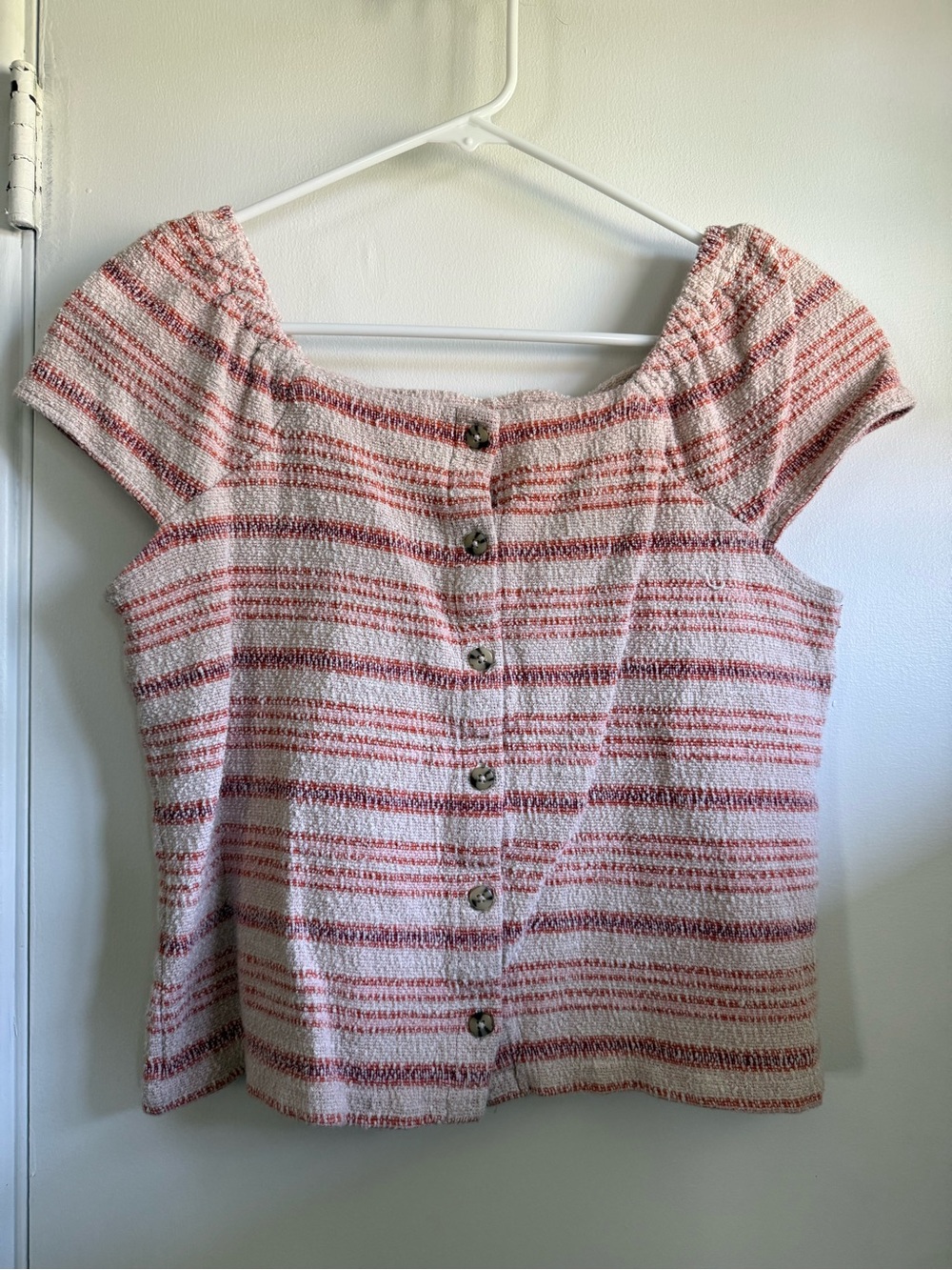 Madewell Rust/Cream Striped Cropped Button-Front Top with Capped Sleeves, Large